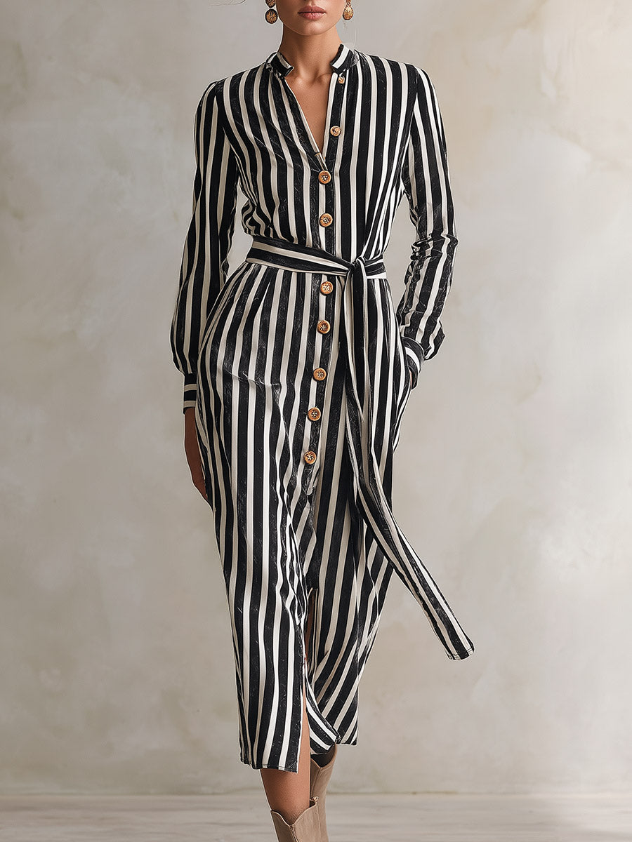 Elegant Urban Striped Single-Breasted Velvet Midi Dress