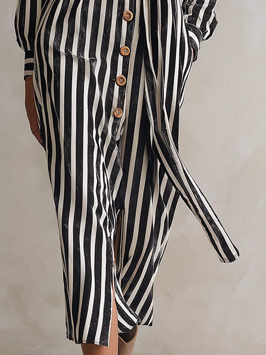 Elegant Urban Striped Single-Breasted Velvet Midi Dress