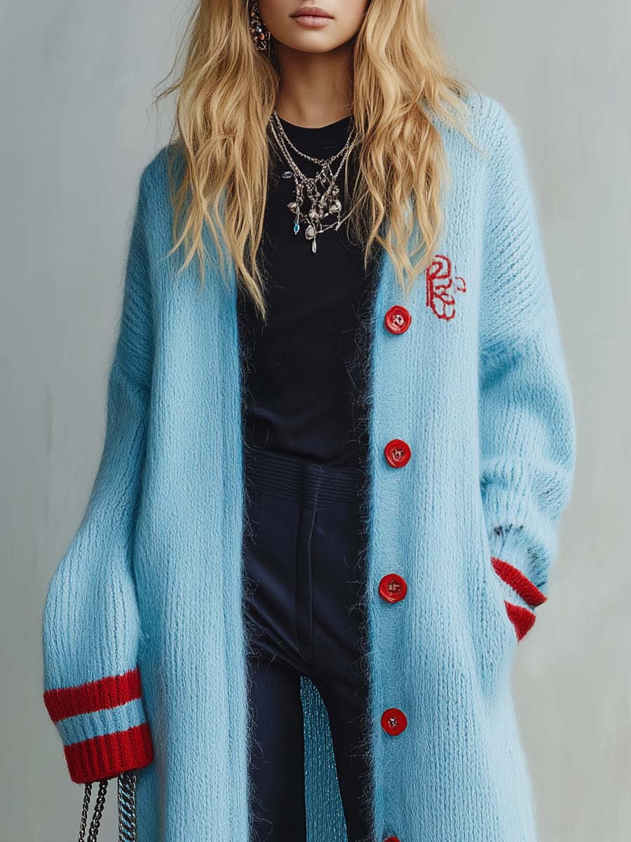 Lazy Casual Red Trim Light Blue Knitted Maxi-style Cardigan