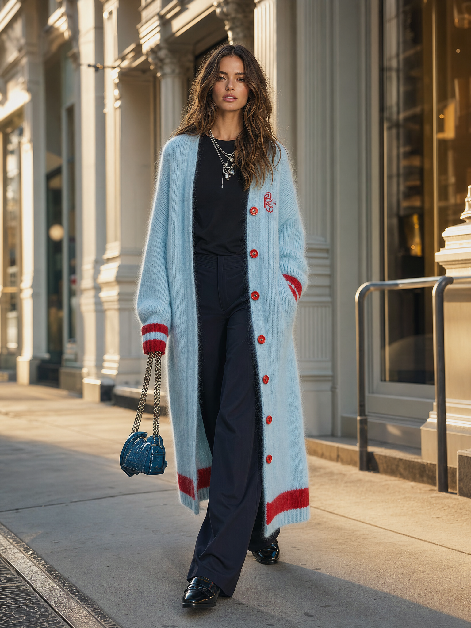 Lazy Casual Red Trim Light Blue Knitted Maxi-style Cardigan