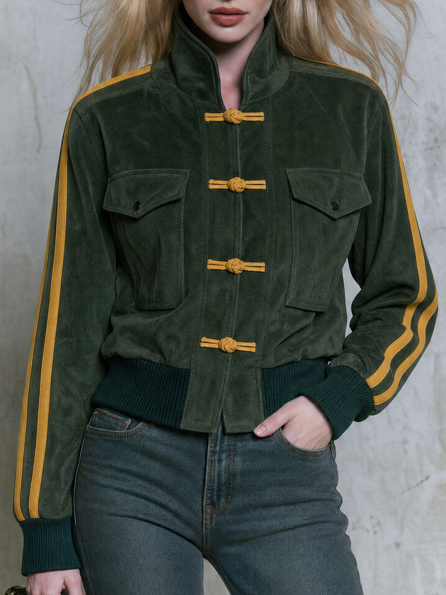 Casual Retro Color-blocked Striped Green Faux Suede Jacket