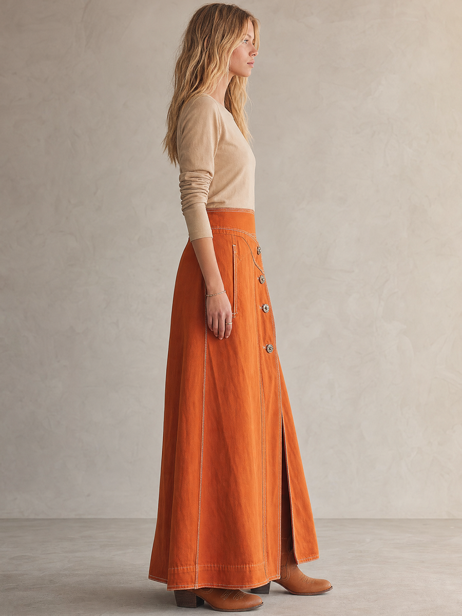 American Vintage Asymmetric Metal-button High-waist Slit Denim Skirt