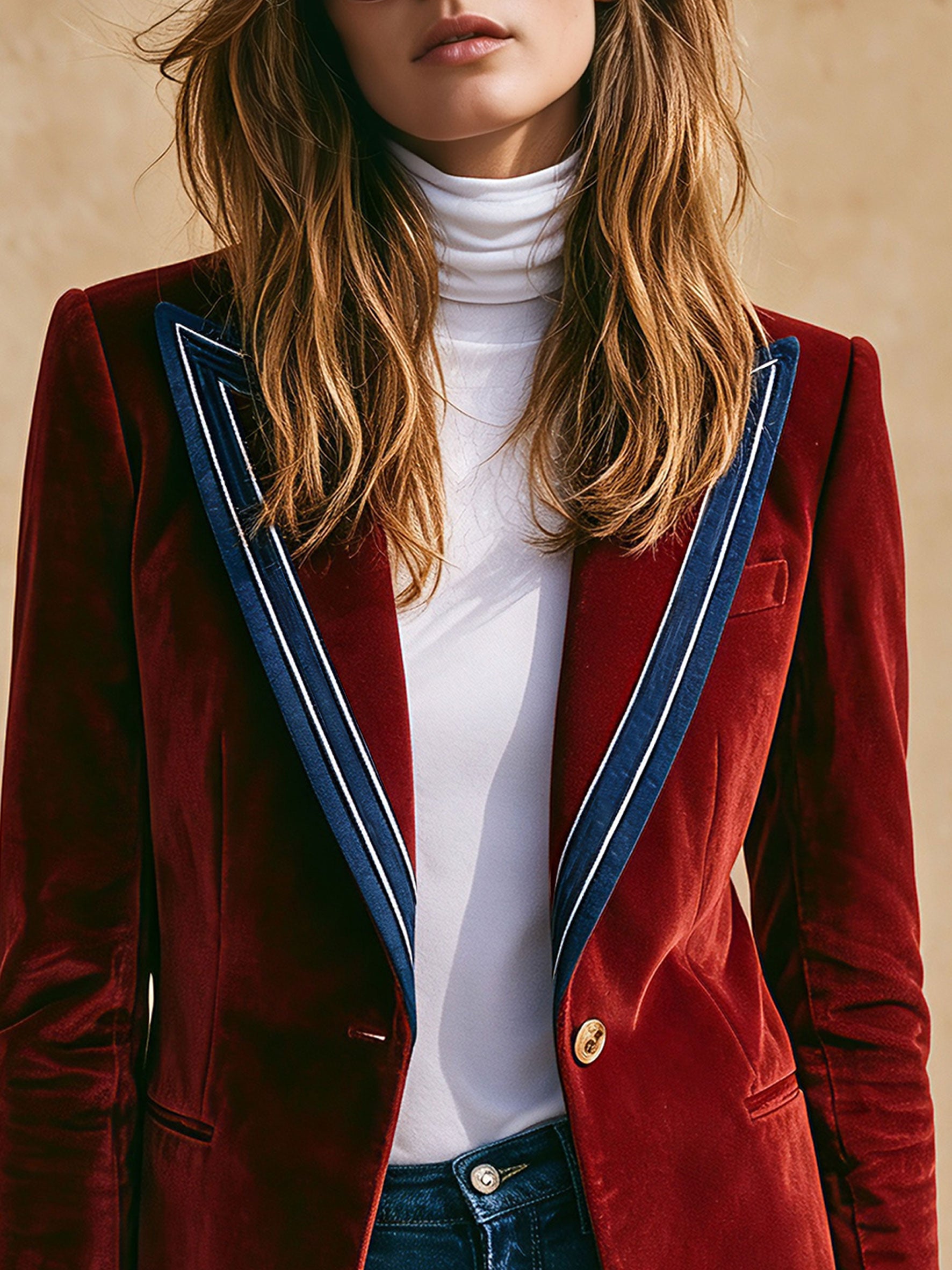 Simple Retro Color-blocked Lapel Red Velvet Blazer