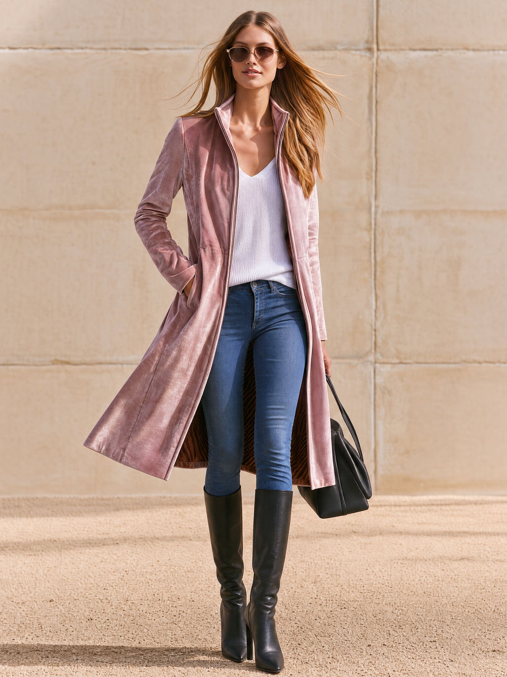 Casual Retro Zebra Print Pink Velvet Mid-length Coat