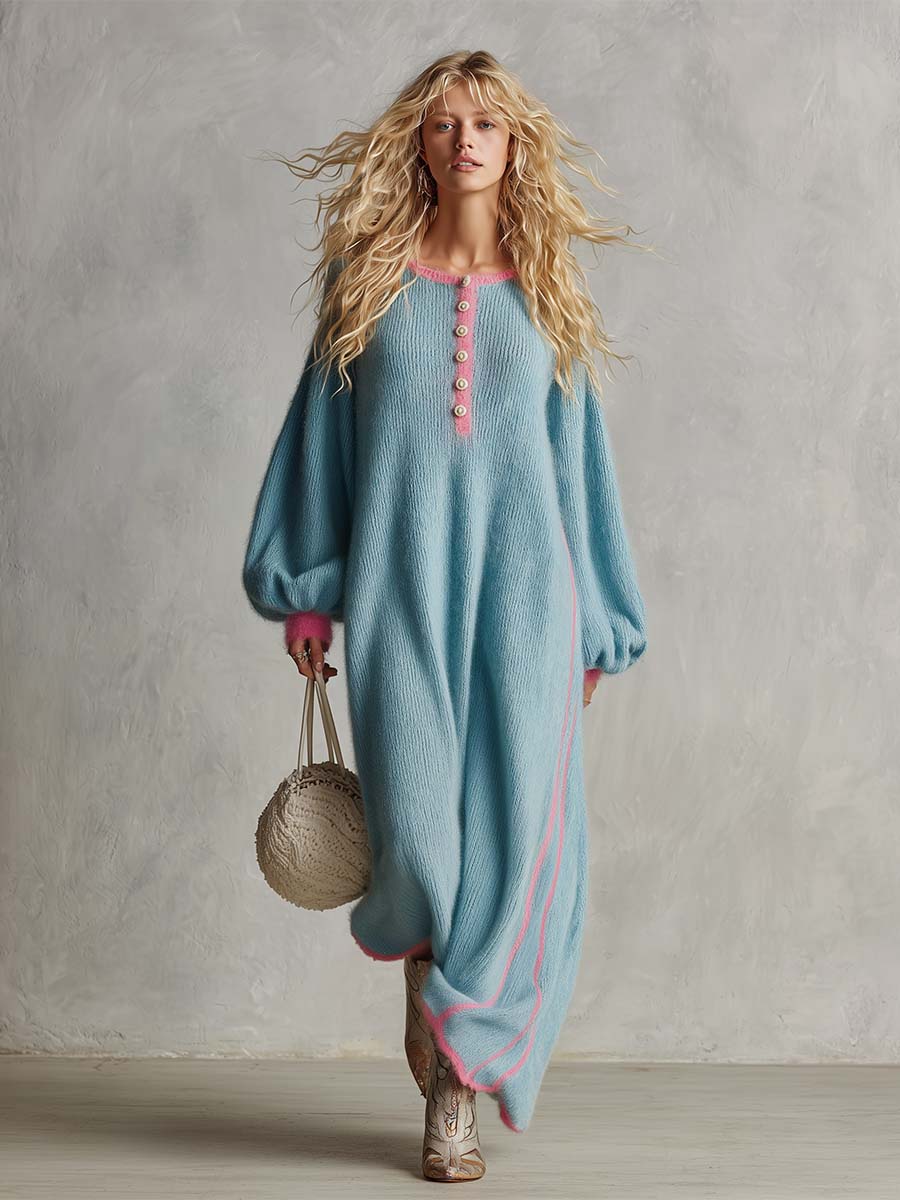 Retro Lazy Exquisite Round Neck Front Button Light Blue Imitation Rabbit Fur Knitted Maxi Dress