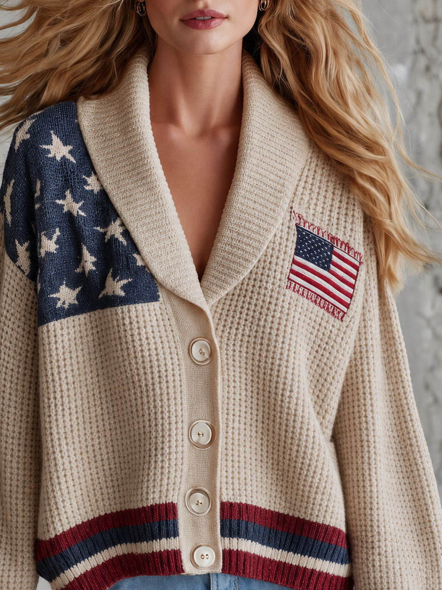 Casual Retro American Flag Knit Cardigan