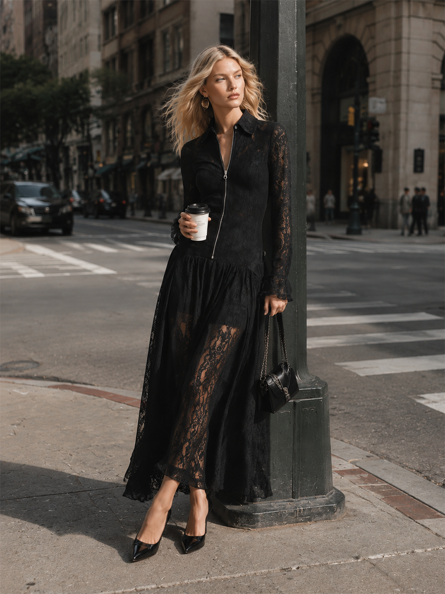 Elegant Sheer Lace Zip-Up Long Sleeve Maxi Dress