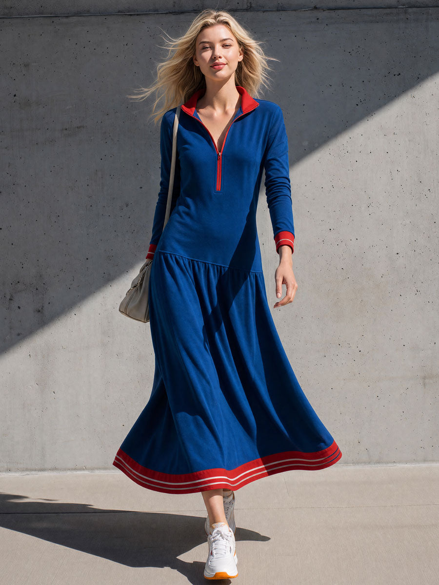 Casual Retro Color-blocked Trim Blue Collar Low-waisted Cotton Midi Dress
