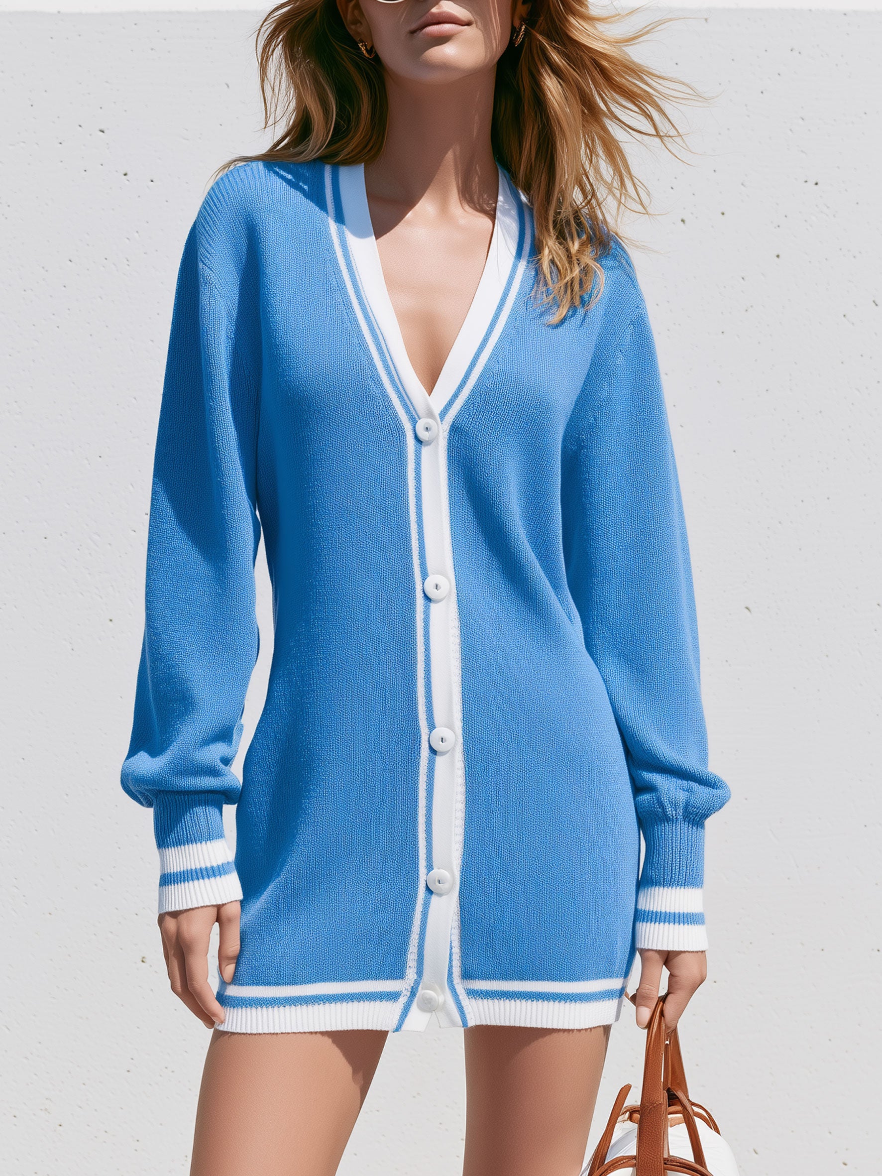 Casual Retro Striped Patchwork Blue Knit Cardigan Mini Dress