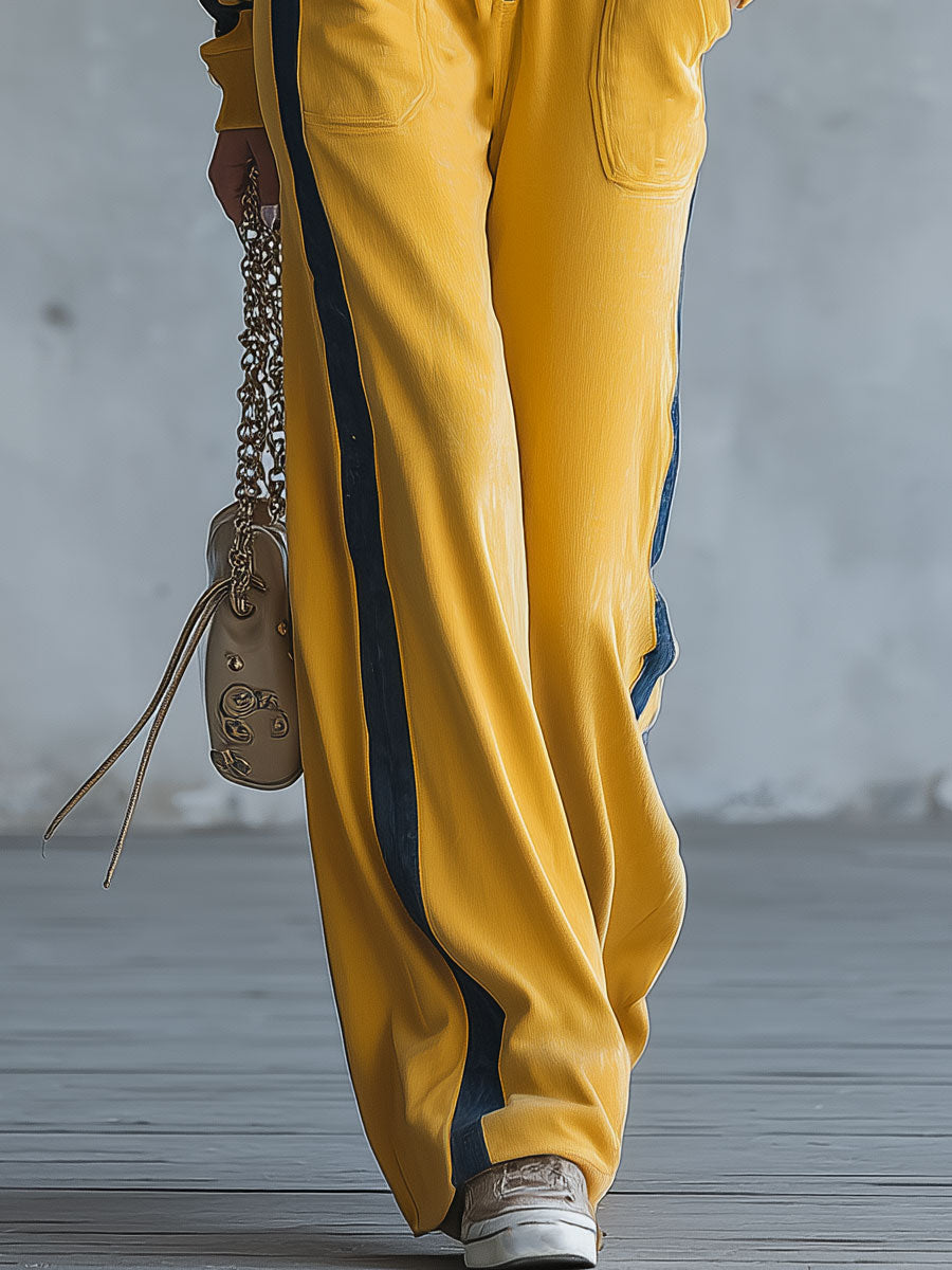 Casual Retro Blue Trim Yellow Hooded Cotton Jumpsuit