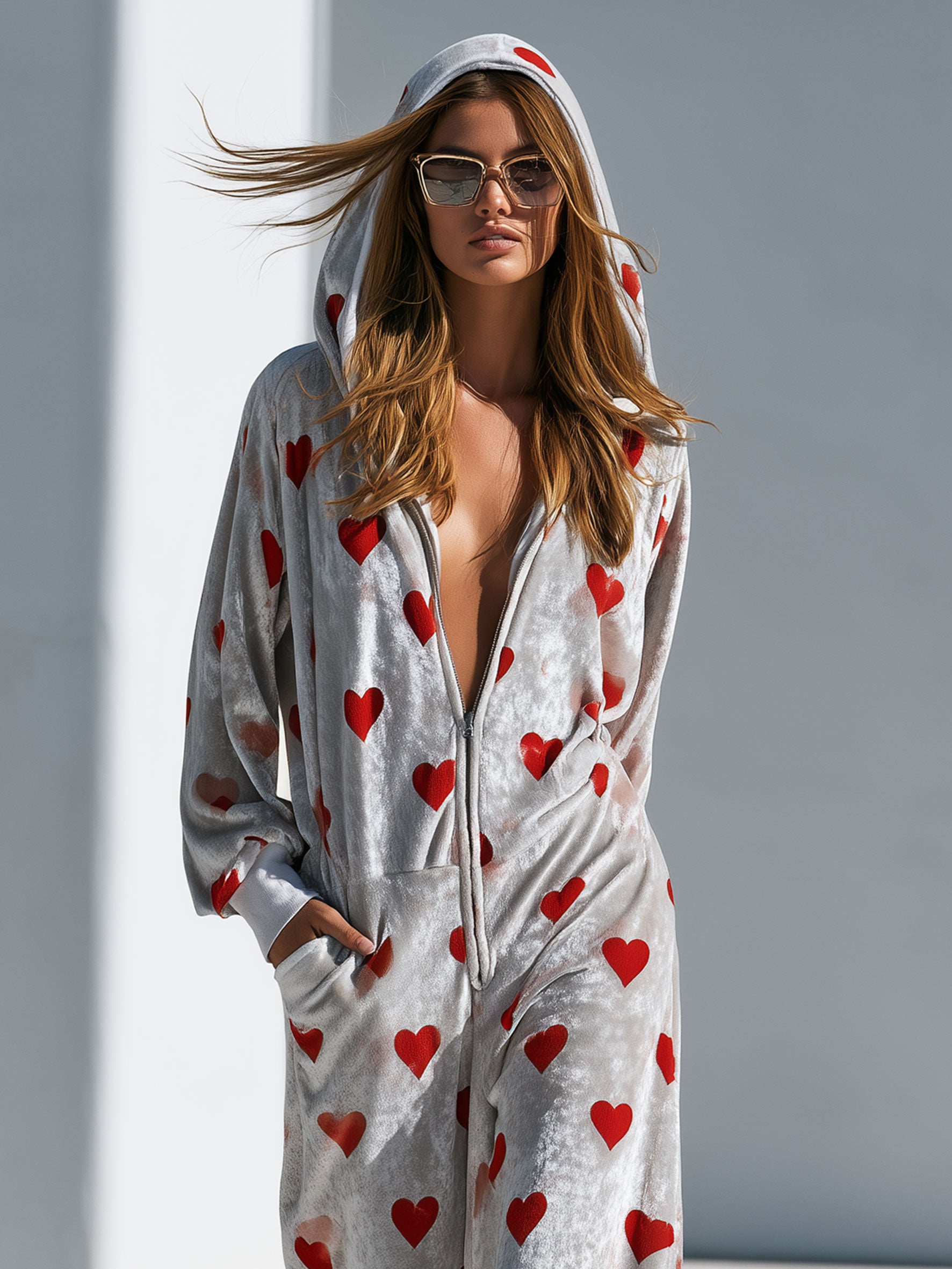 Casual Retro Heart Print Gray Velvet Hooded Zip-up Jumpsuit