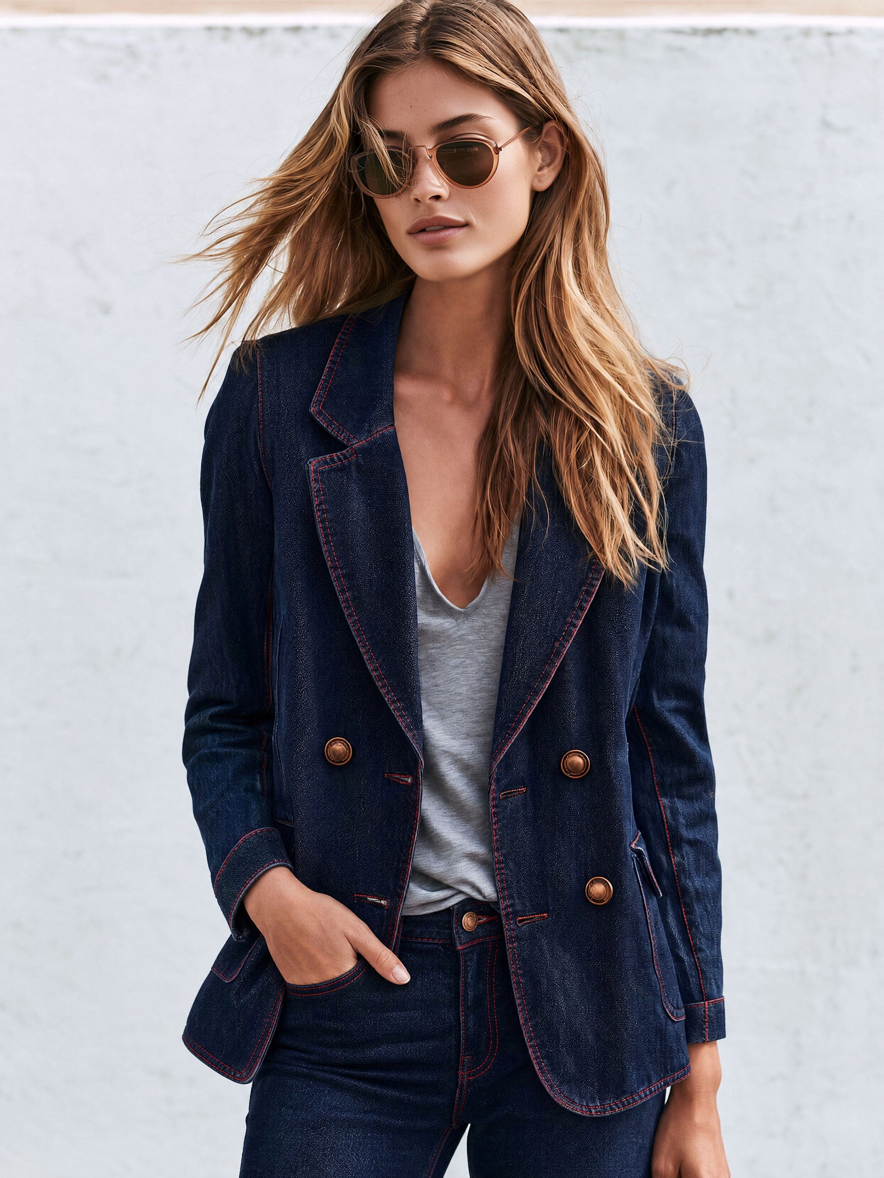 Casual Retro Red-stitched Navy Blue Denim Blazer