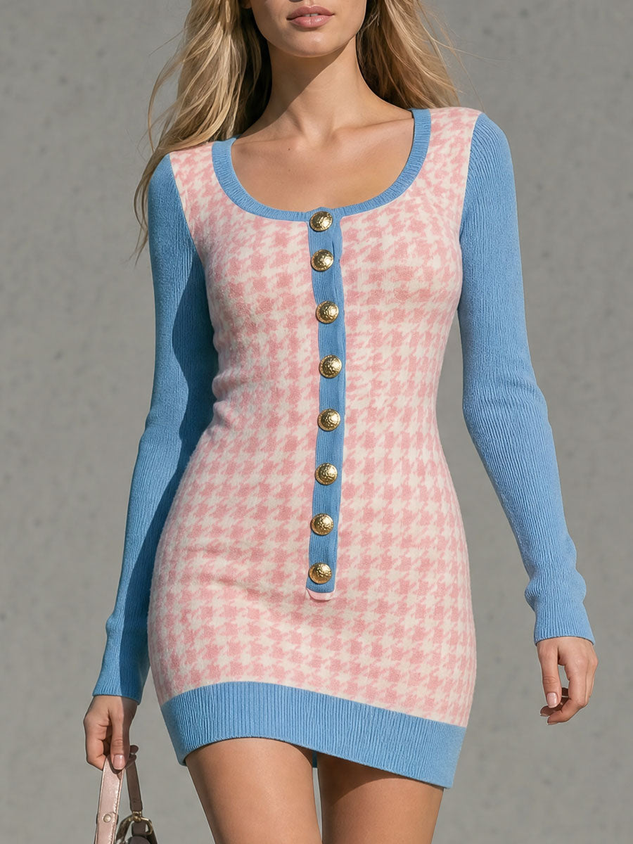 Retro-elegant Pink And Blue Color-blocked Houndstooth Knit Mini Dress