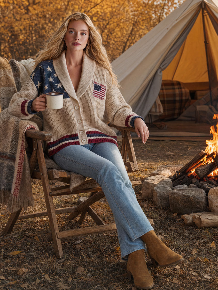 Casual Retro American Flag Knit Cardigan