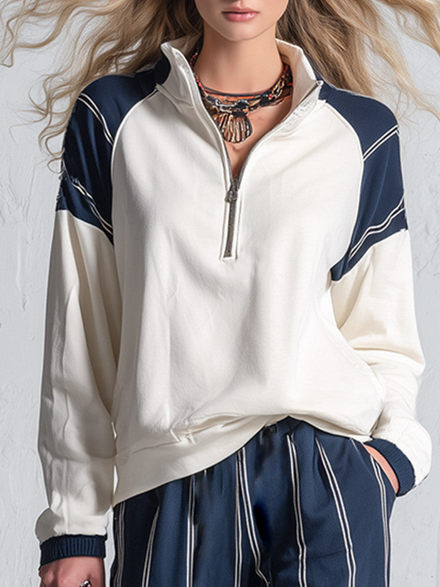 Casual Raglan-Sleeve Sweatshirt And Striped Sweatpants Set