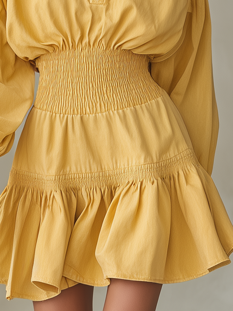 Casual Stand-collar Half-zip Gathered Cinched-waist Denim Dress