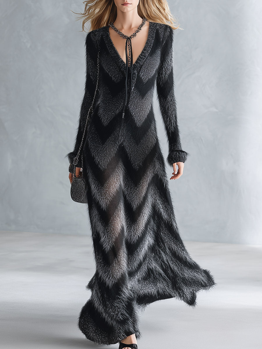 Cozy Fuzzy V-Neck Herringbone Knit Maxi Dress