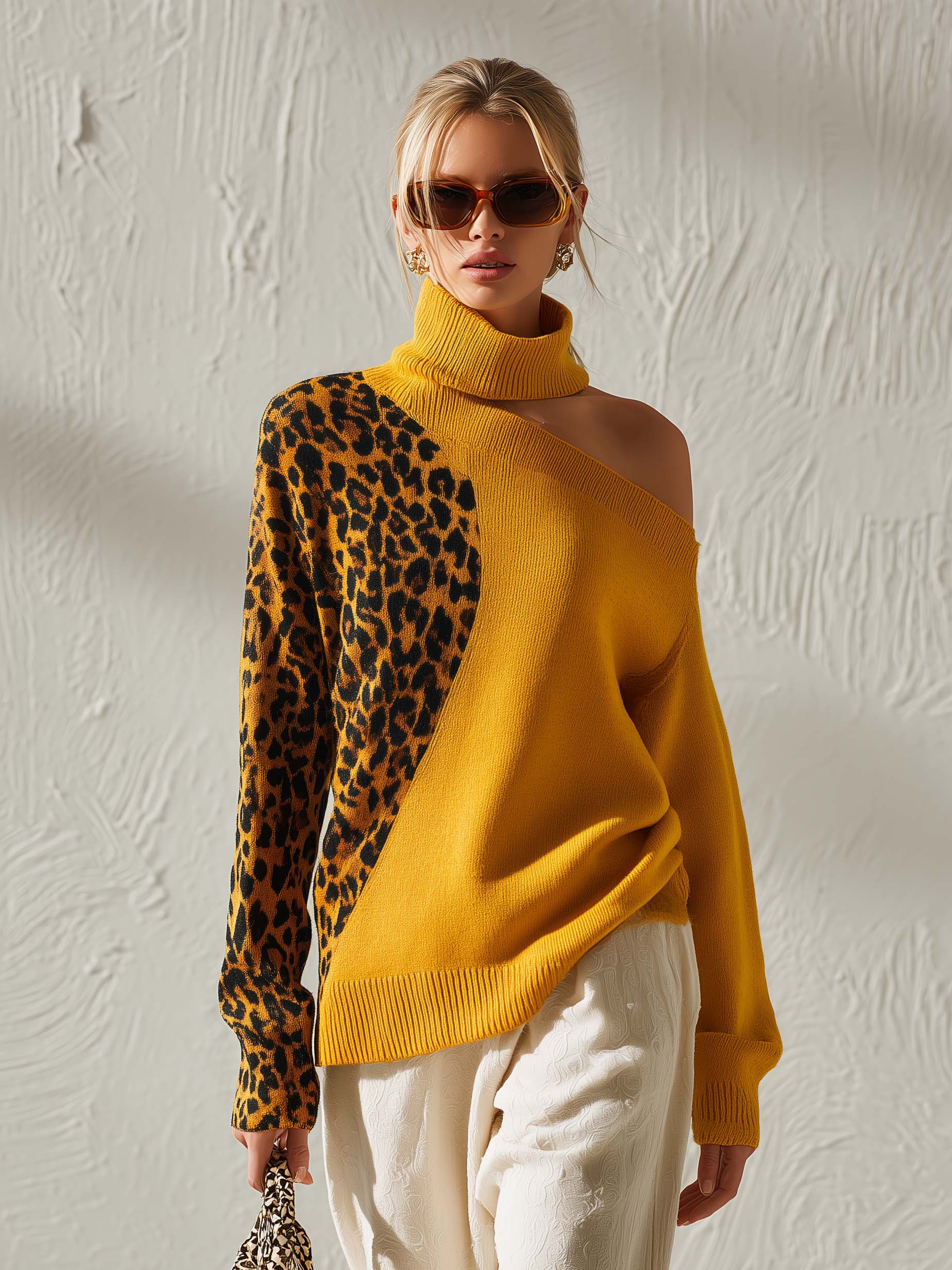 Elegant Retro High-Neck Off-Shoulder Contrasting Leopard Print Ochre-Yellow Knit Top