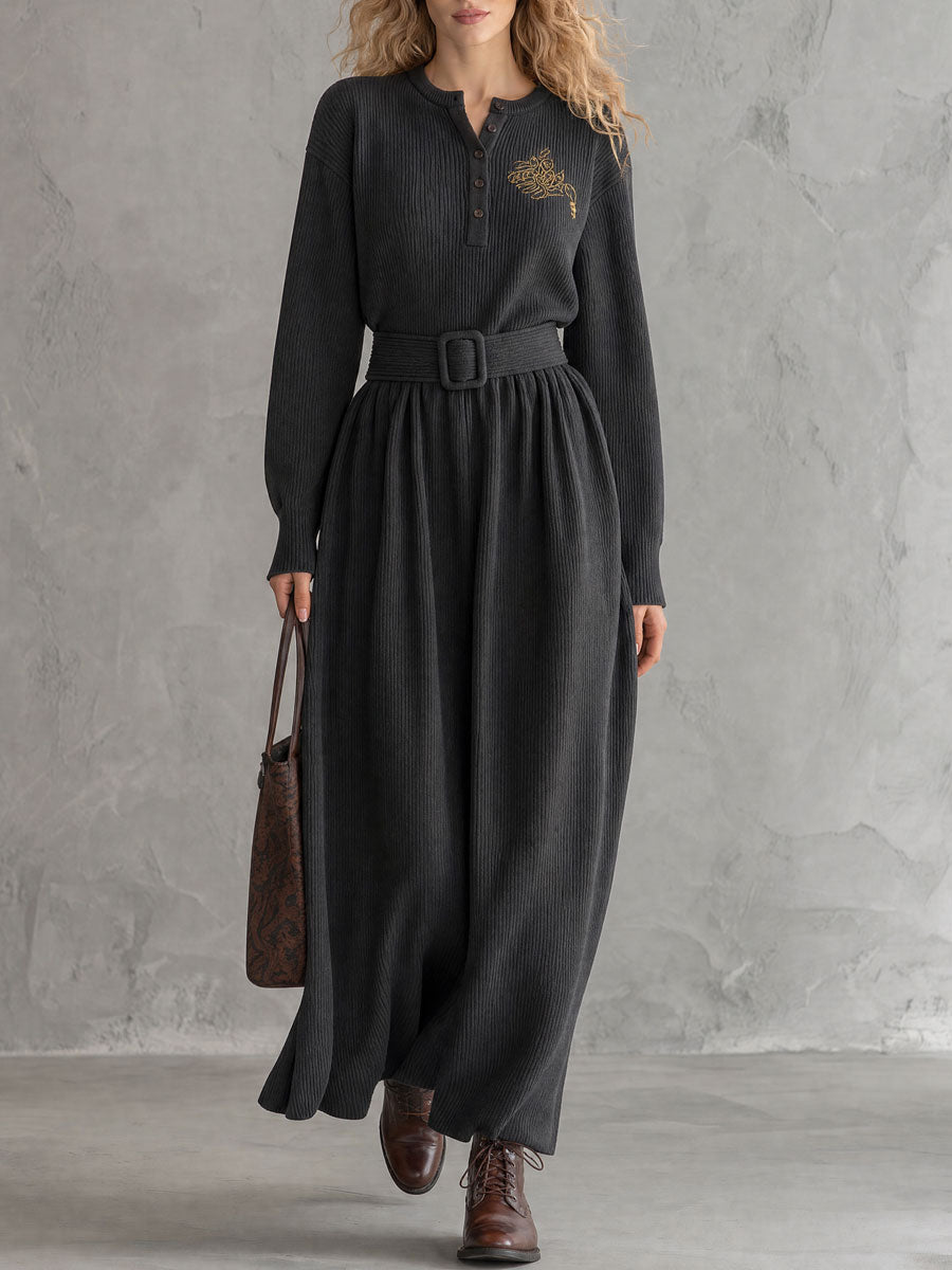 Vintage Elegant Embroidered Grey Henley Collar Belted Knit Maxi Dress