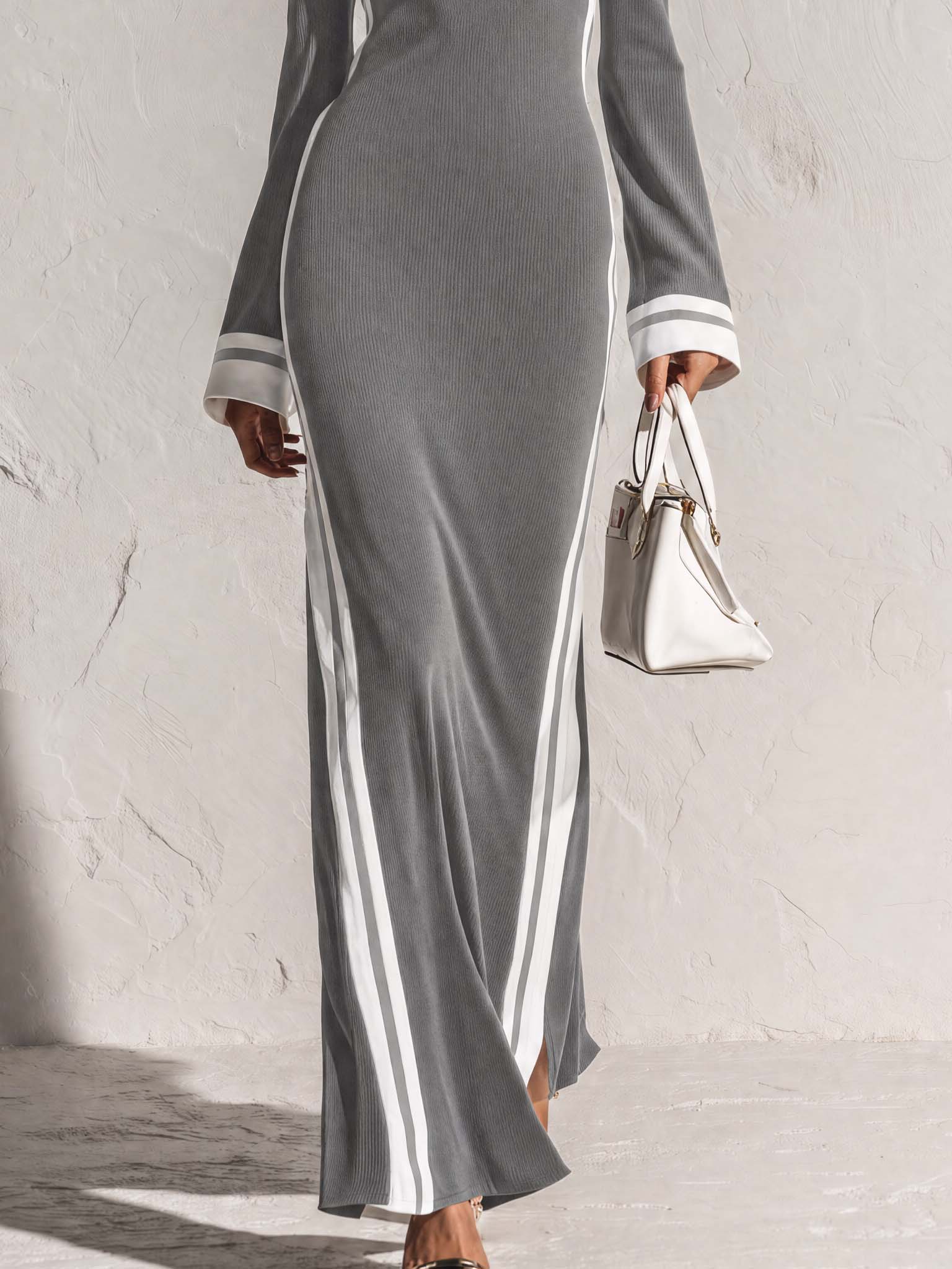 Elegant Retro White-trimmed Square Neck Light Gray Knit Maxi Dress