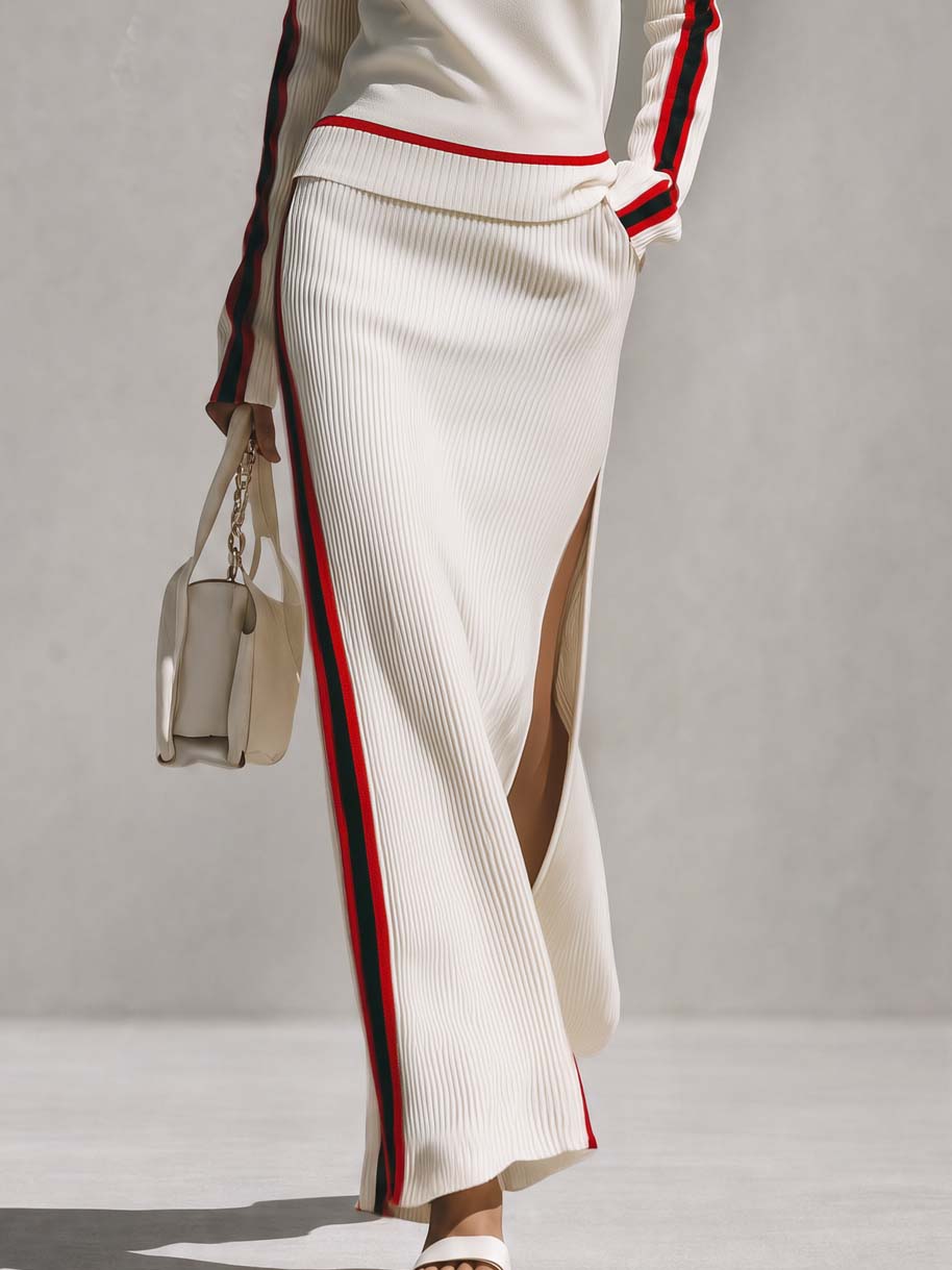 Elegant Retro Red Trim Cream Knit Top And Slit Maxi Skirt Set