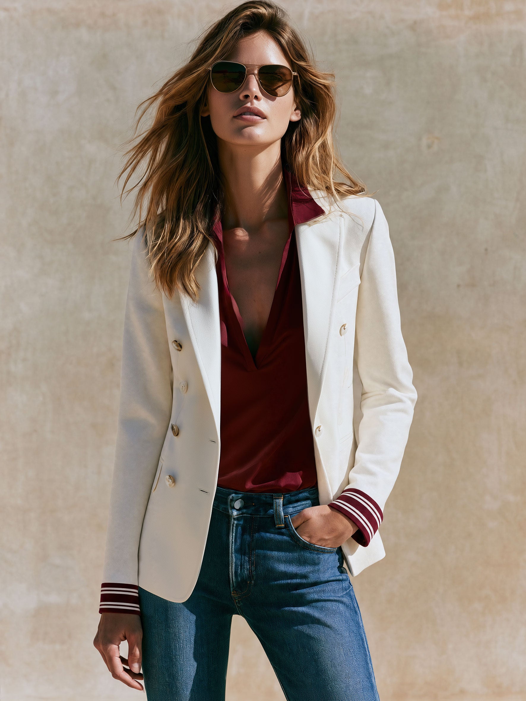 Stylish And Casual Striped Sleeve White Blazer