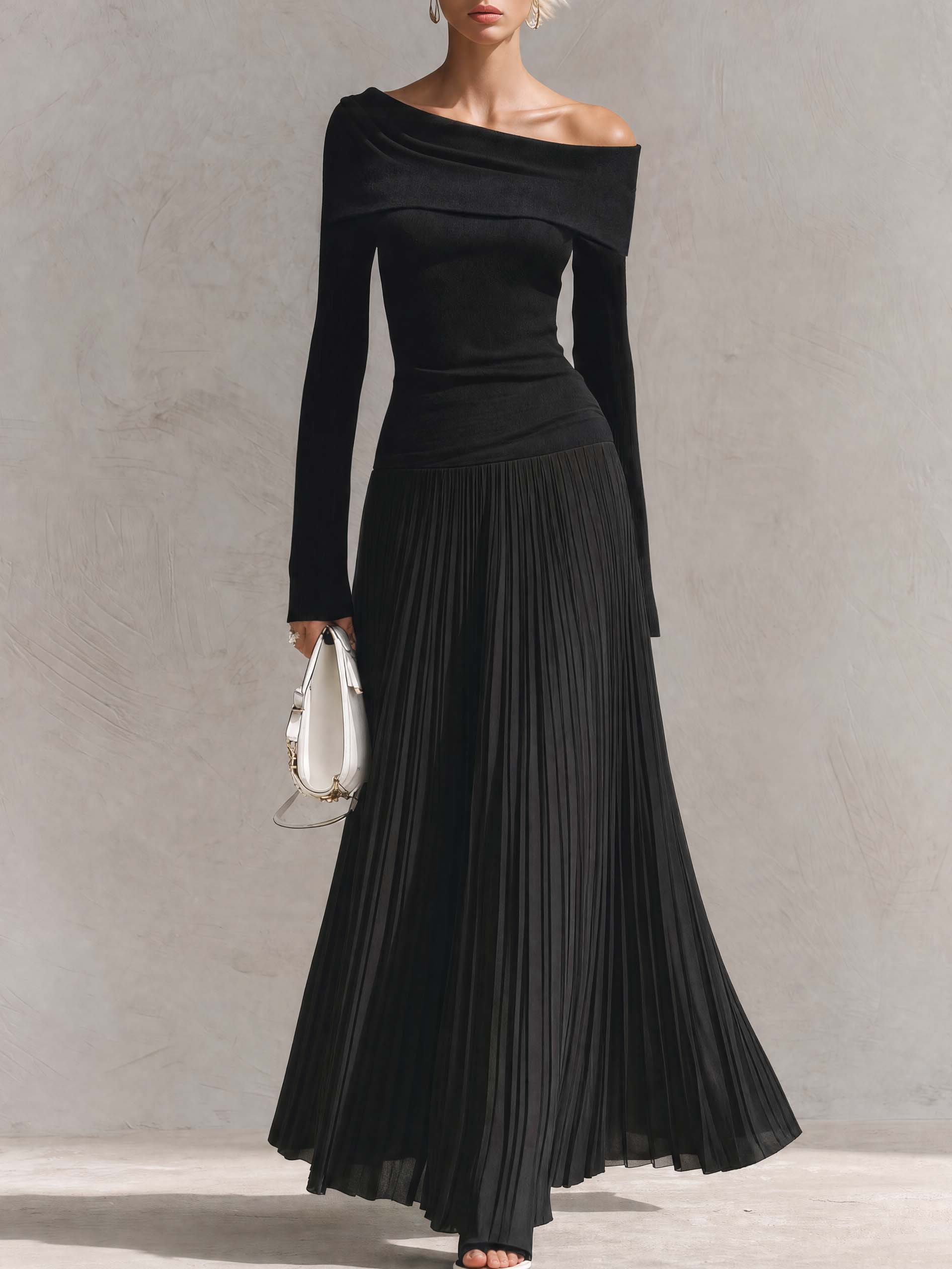 Elegant Black Off-Shoulder Knit Long-Sleeve Drop-Waist Pleated Chiffon Maxi Dress