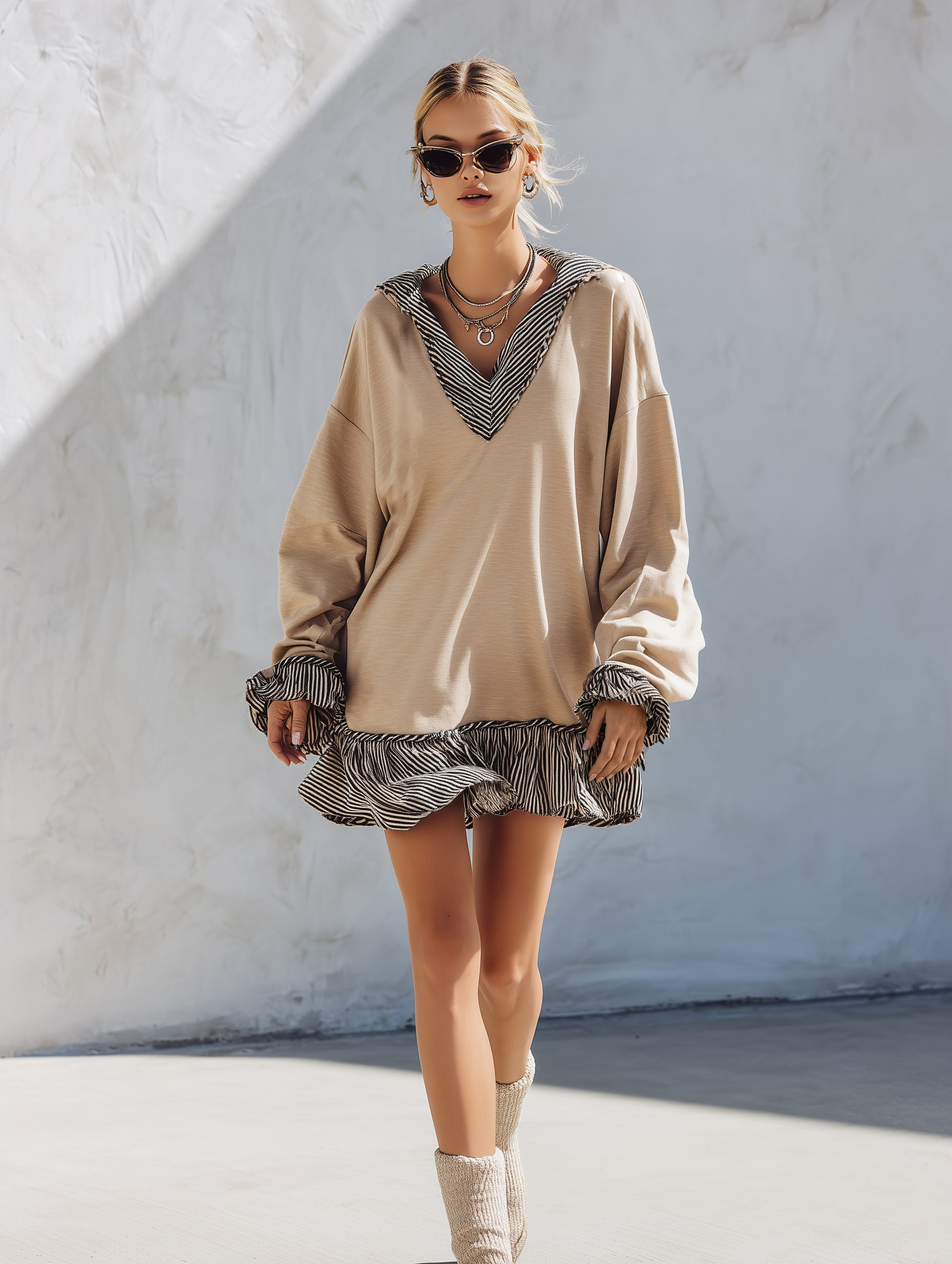 Casual-chic Striped Trim Khaki Cotton Sweatshirt Mini Dress