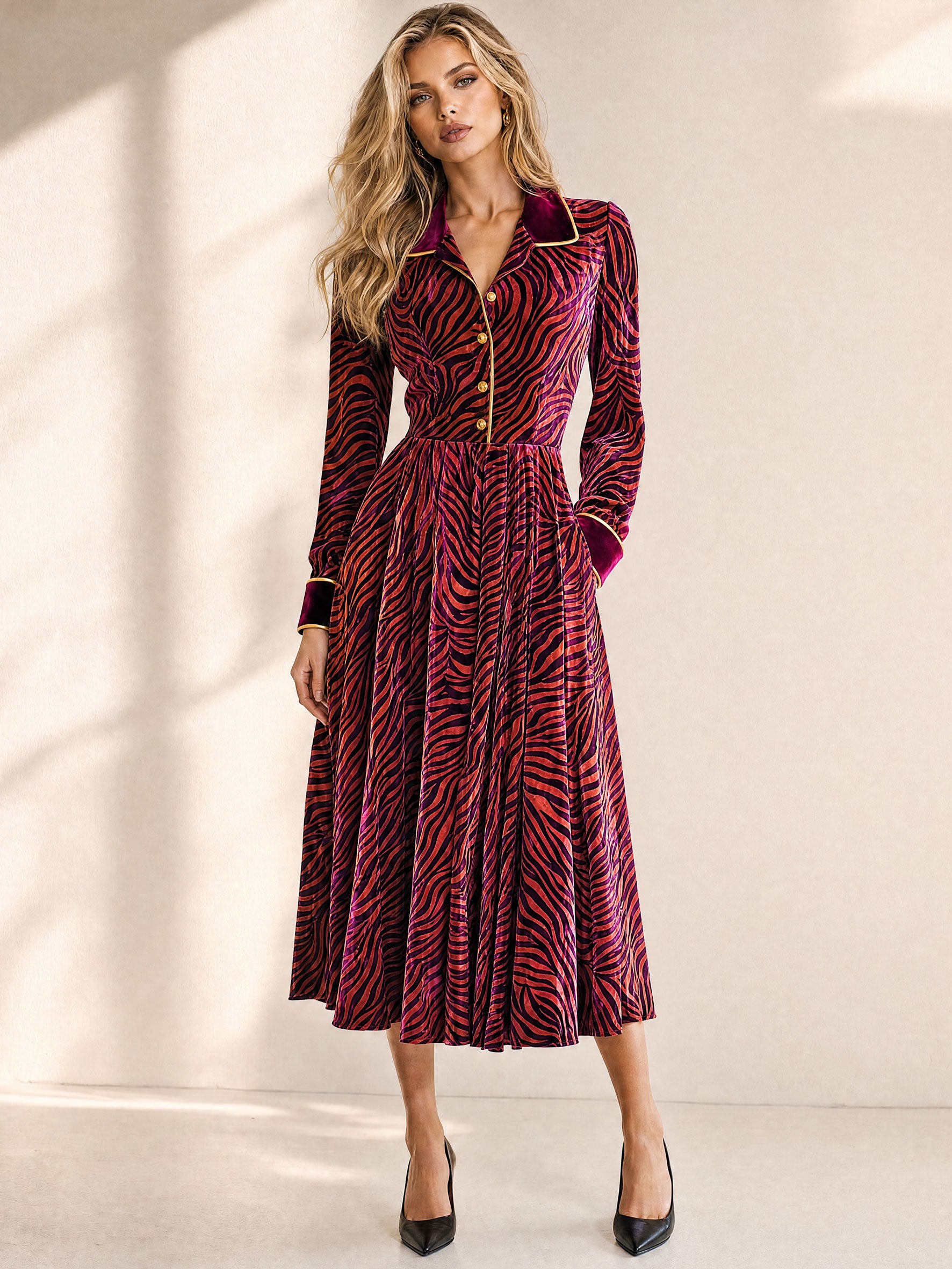 Stylish And Elegant Zebra-print Burgundy Velvet Midi Dress