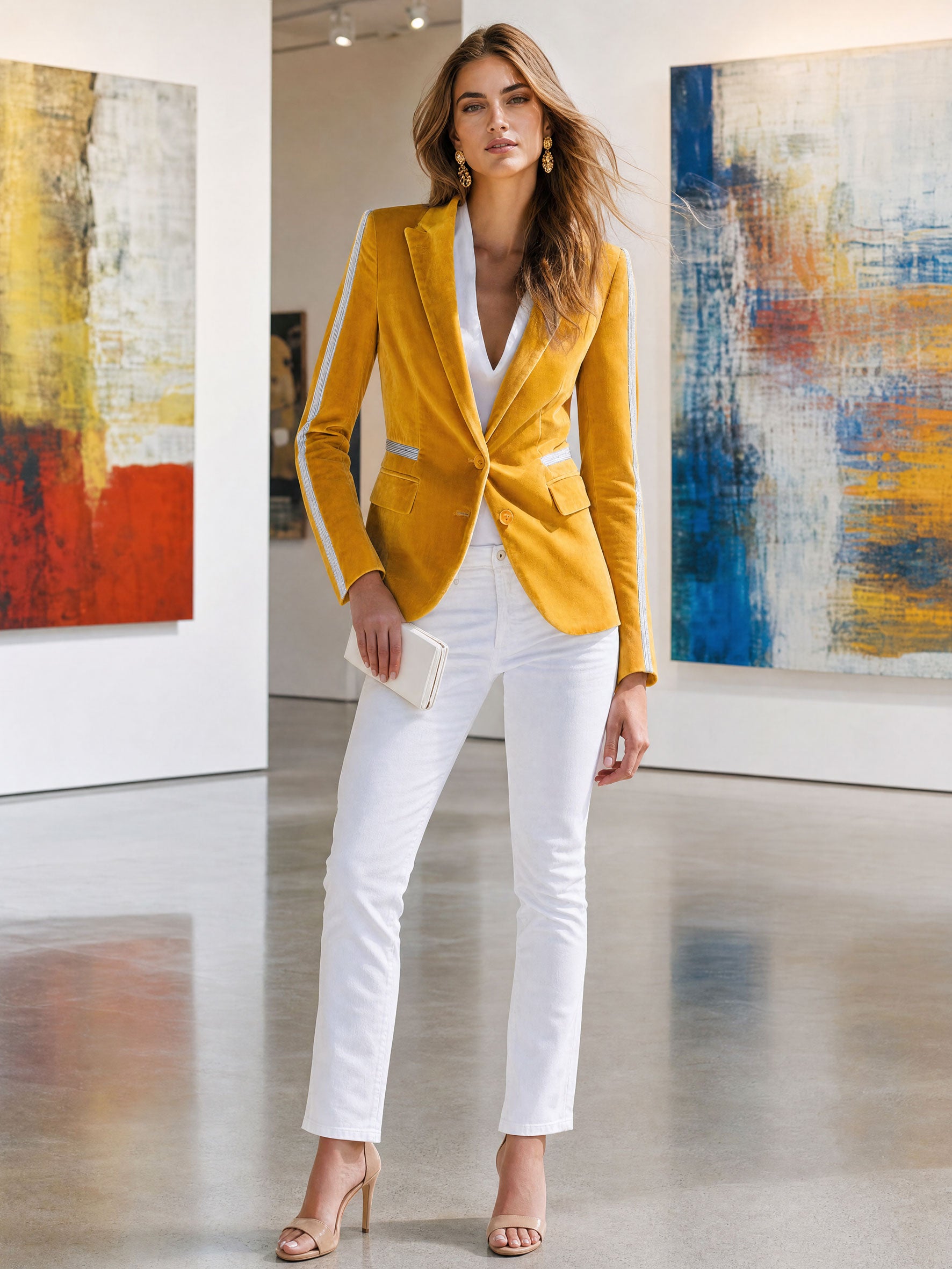 Stylish And Casual Silver Ribbon Yellow Velvet Blazer