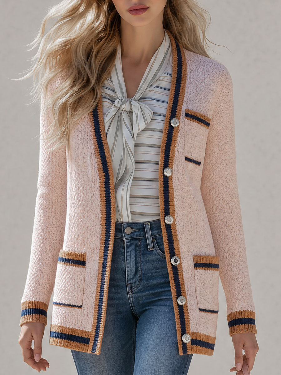 Retro-elegant Color-blocked Pink V-neck Knit Cardigan