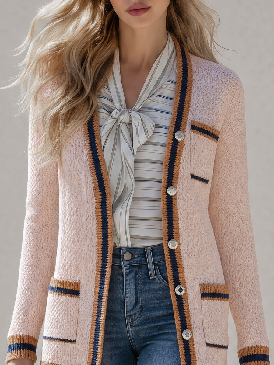 Retro-elegant Color-blocked Pink V-neck Knit Cardigan