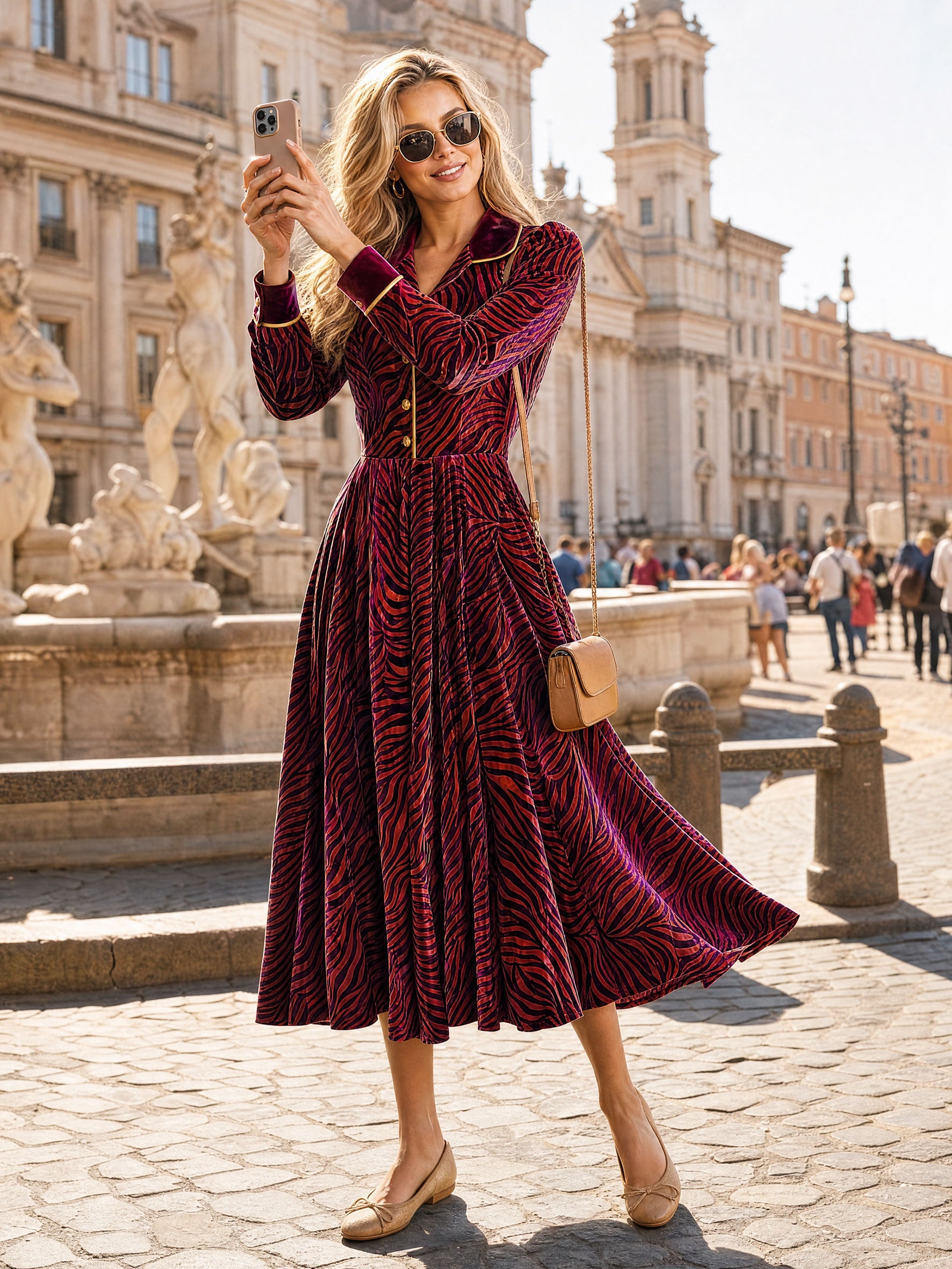 Stylish And Elegant Zebra-print Burgundy Velvet Midi Dress