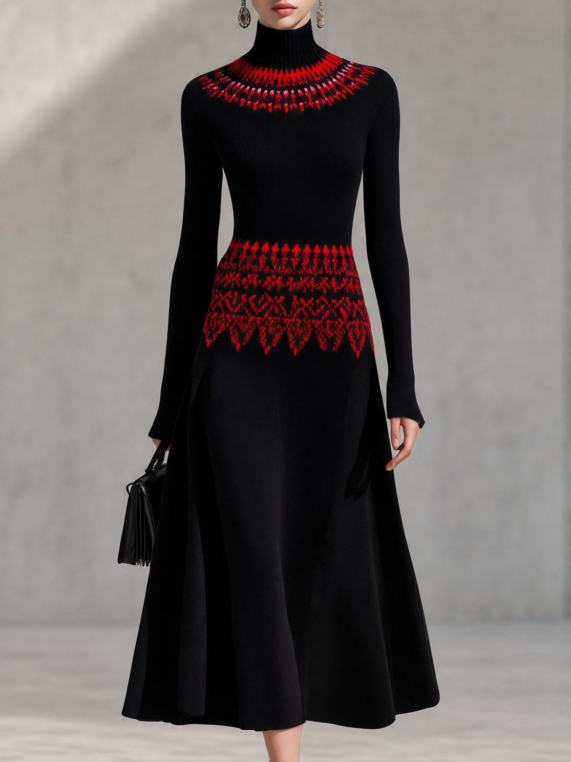 Retro-chic Red Patterned Knitted Maxi Dress