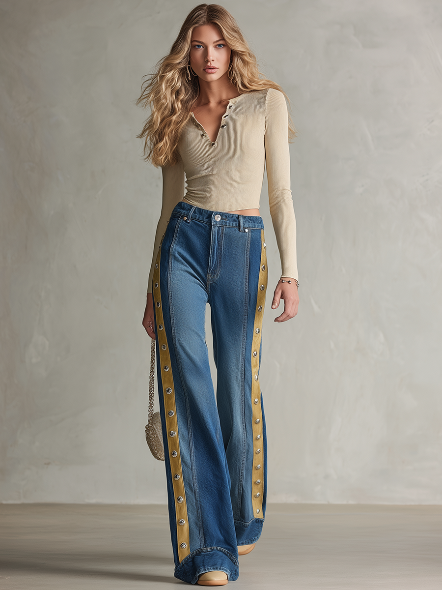 American Contrast-panel Metal-button High-waist Wide-leg Jeans