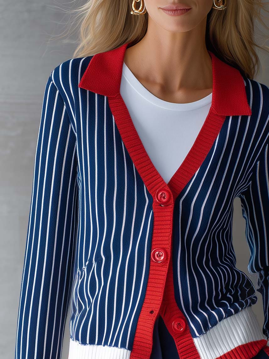 Retro Casual Color-blocked Collared Dark Blue Striped Knit Cardigan