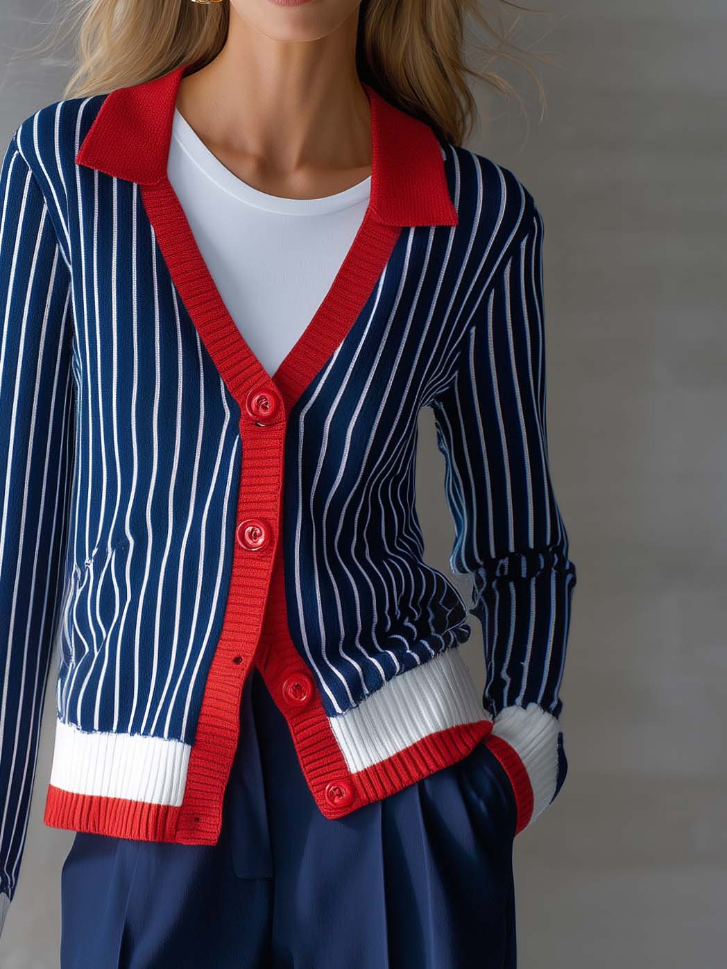 Retro Casual Color-blocked Collared Dark Blue Striped Knit Cardigan