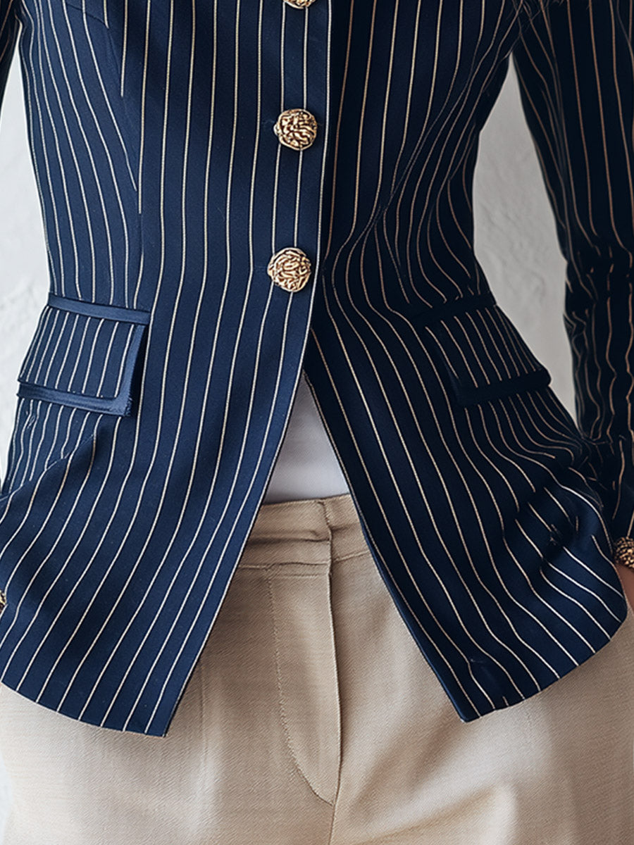 Classic Navy Striped Stand-Collar Single-Breasted Jacket