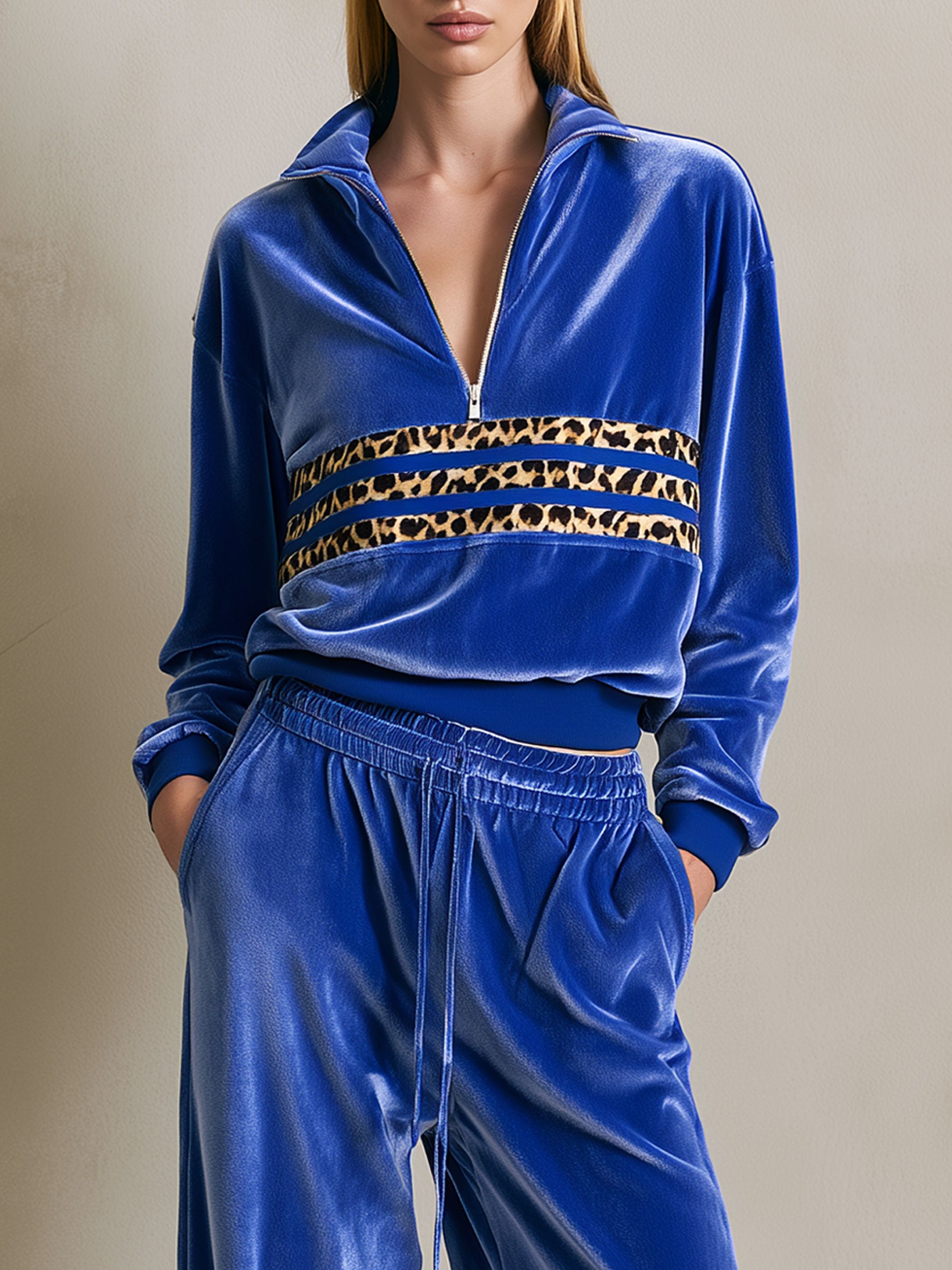 Fashionable Leopard Print Striped Half-zip Royal Blue Velvet Sweatshirt And Pants Set