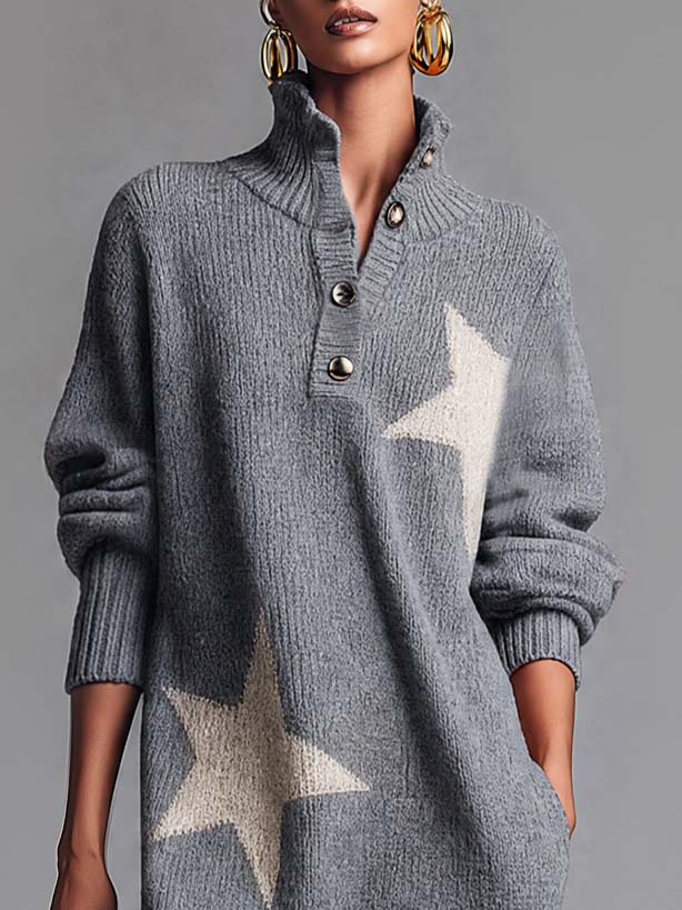 Comfortable And Fashionable Lapel Front Button Star Pattern Gray Knitted Midi Dress