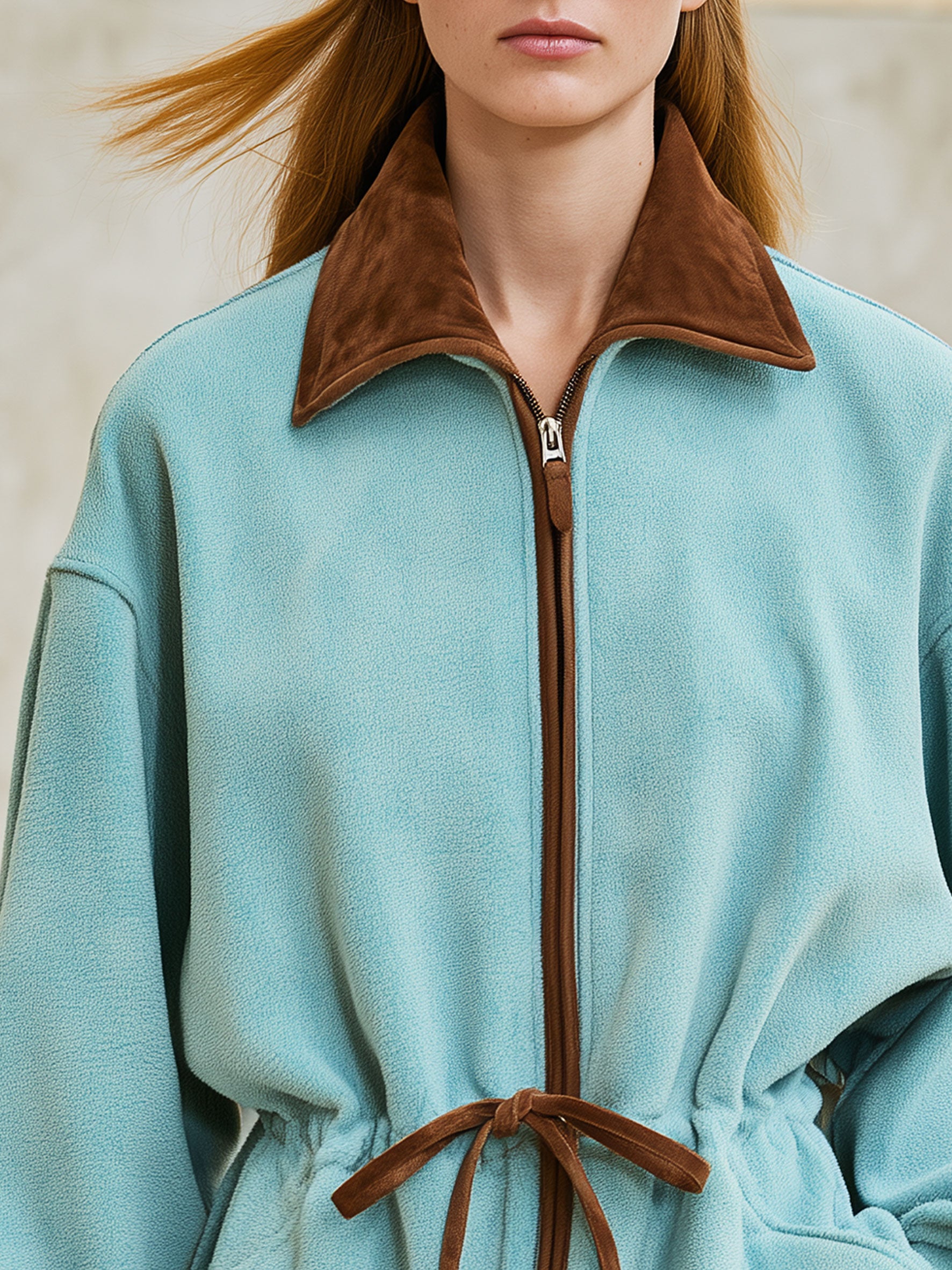 Casual Retro Brown Faux Suede Collar Lake Blue Fleece Coat