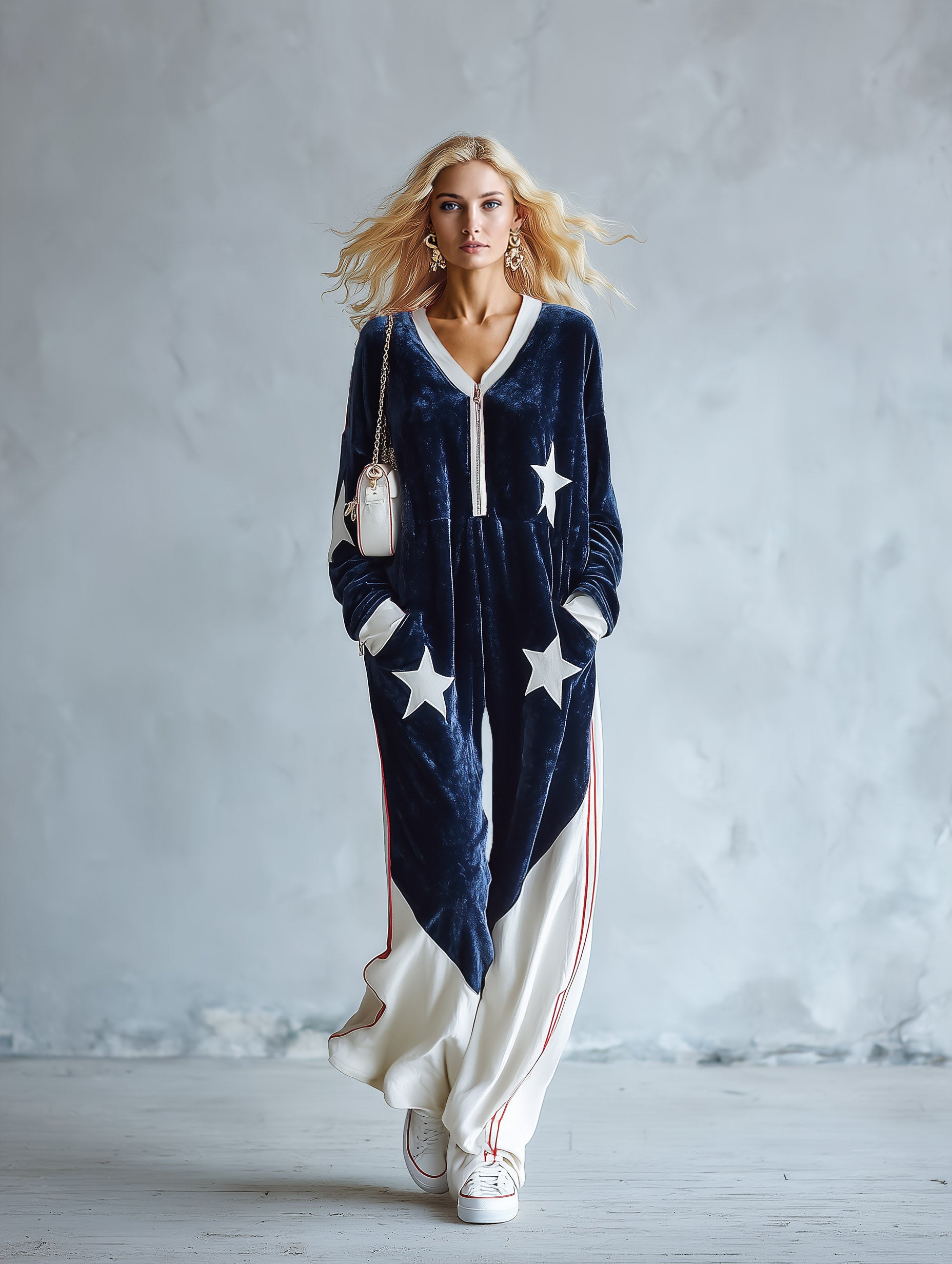 Chic Urban Star-Patch Blue and White Velvet Jumpsuit