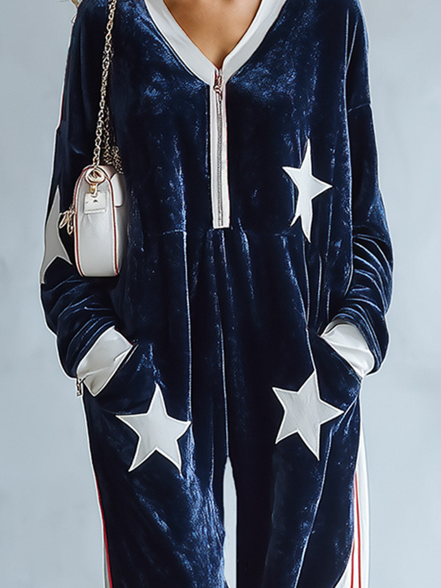 Chic Urban Star-Patch Blue and White Velvet Jumpsuit