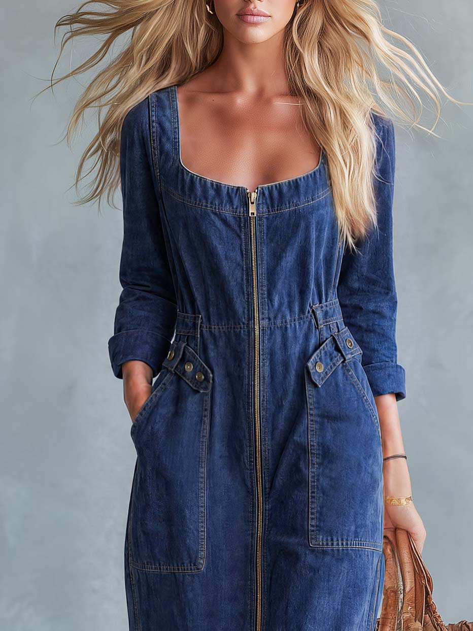 Casual Retro Long-sleeved Square Neck Front Zipper Dark Blue Denim Slit Midi Dress