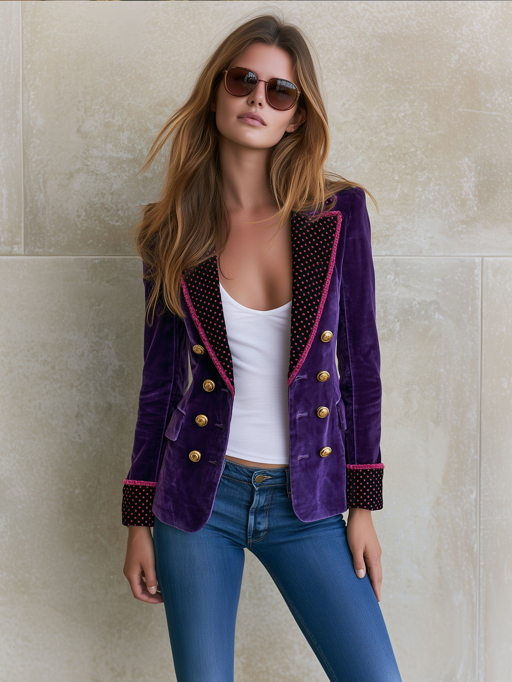 Fashionable Retro Polka Dot Purple Velvet Blazer