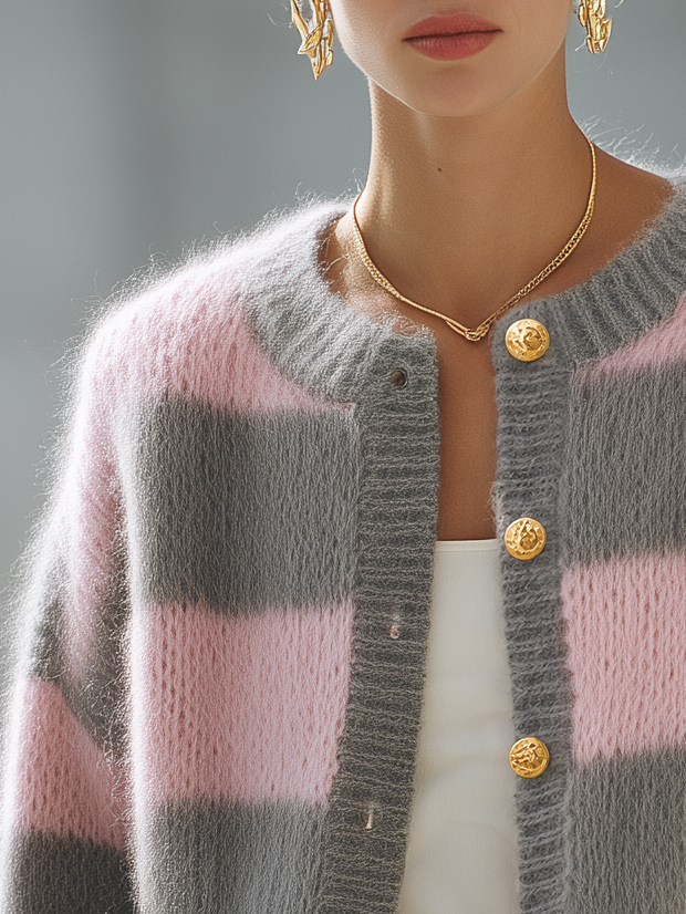 Retro-chic Color-block Striped Knit Cardigan