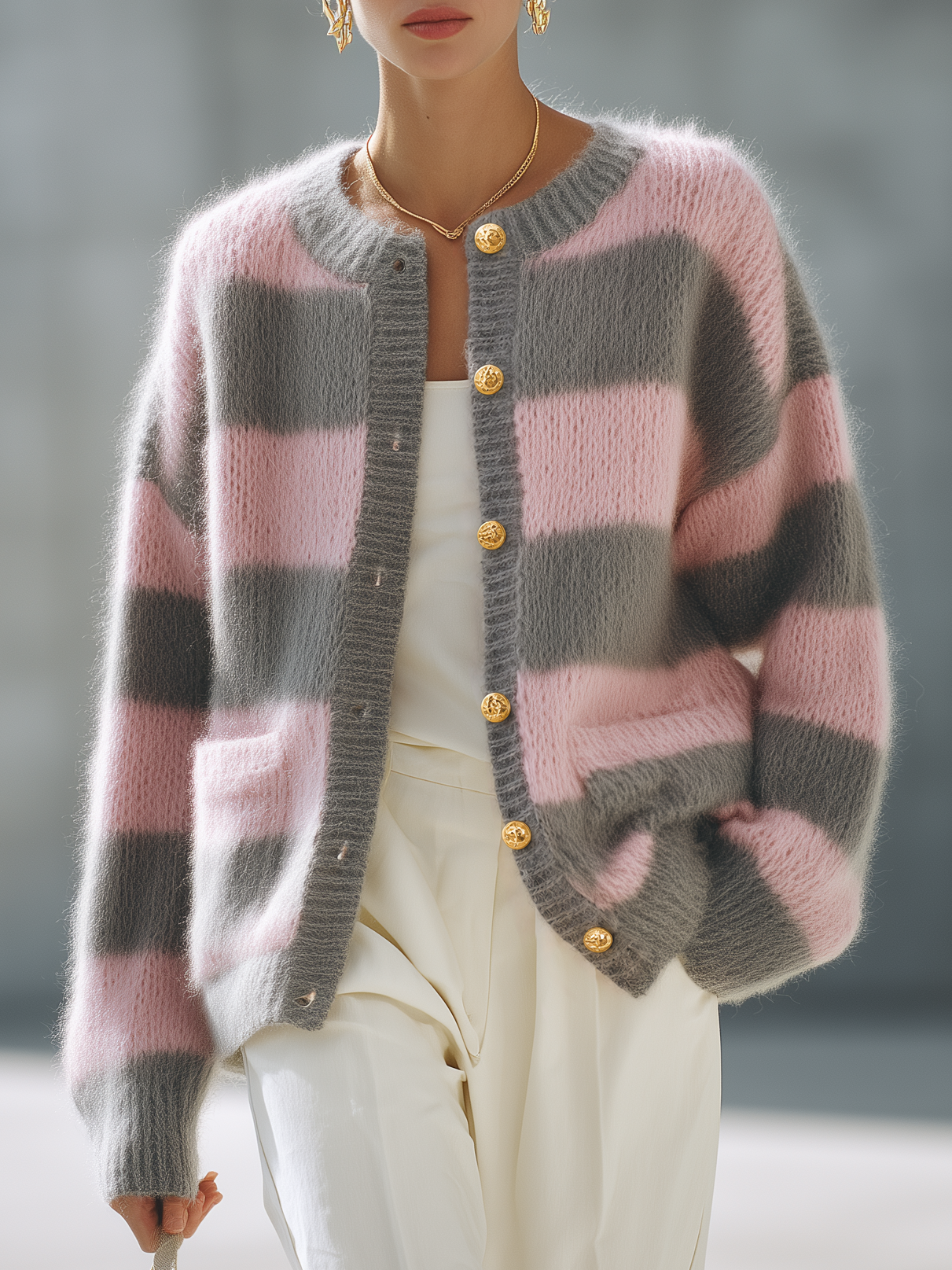 Retro-chic Color-block Striped Knit Cardigan
