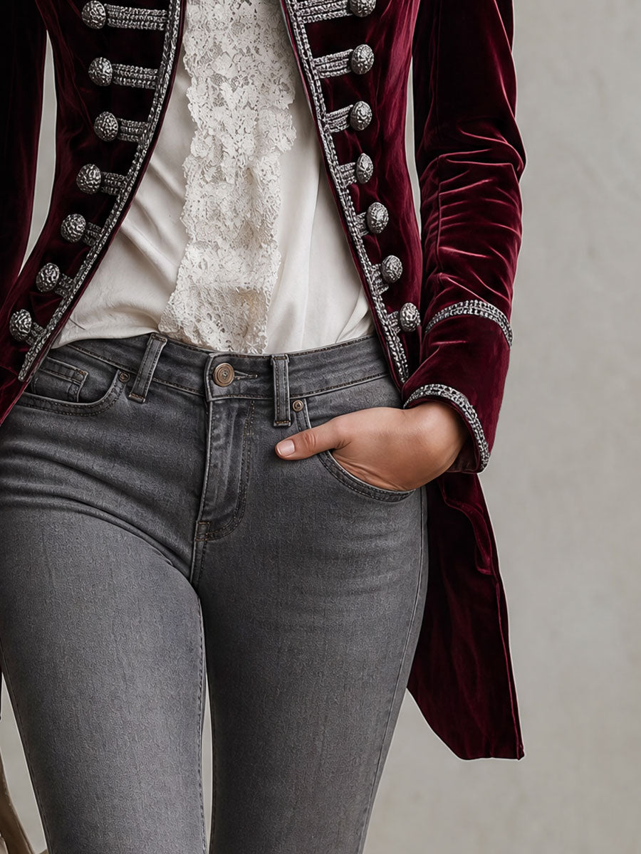 Retro Court Style Burgundy Velvet Military Coat