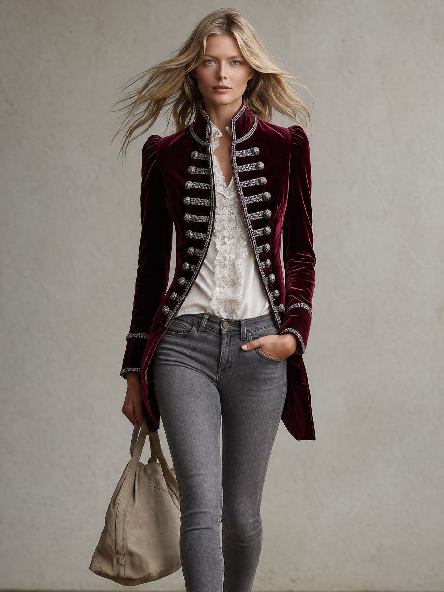 Retro Court Style Burgundy Velvet Military Coat