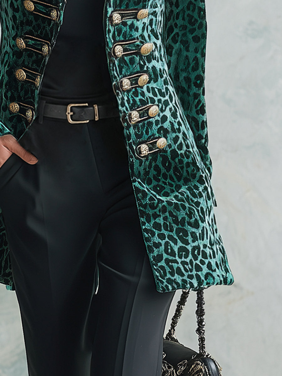 Vintage Military Style Horizontal Button Green Leopard Print Velvet Blazer